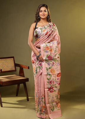 Pink Handloom Tussar Pure Silk Saree With Blouse Piece