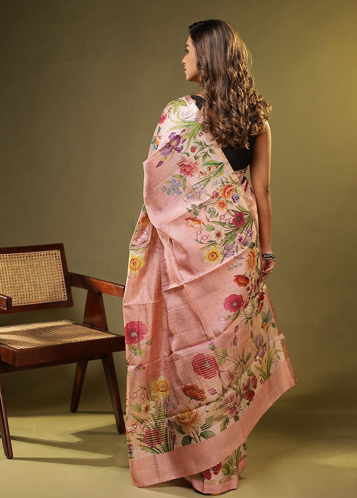 Pink Handloom Tussar Pure Silk Saree With Blouse Piece