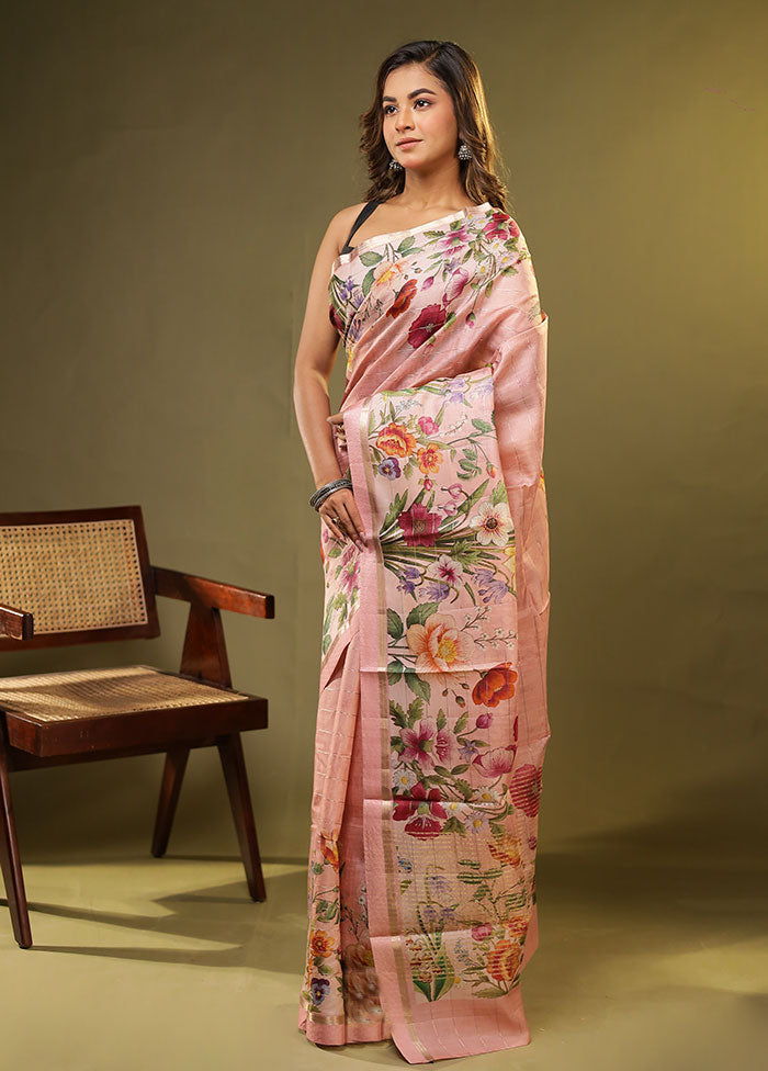 Pink Handloom Tussar Pure Silk Saree With Blouse Piece