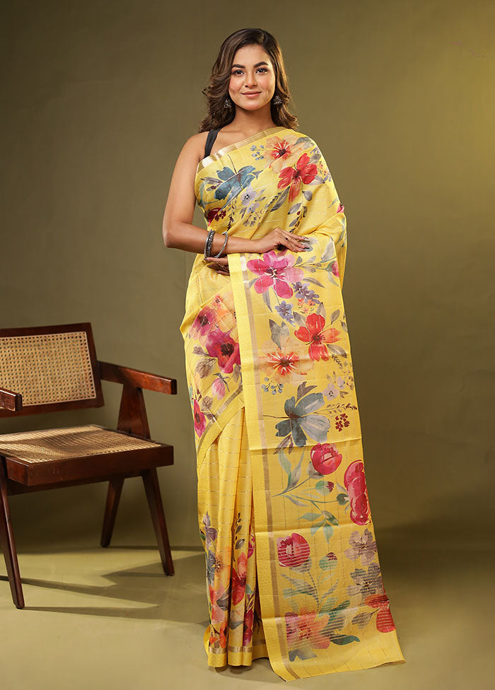 Yellow Handloom Tussar Pure Silk Saree With Blouse Piece