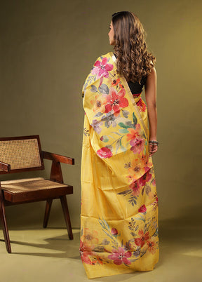 Yellow Handloom Tussar Pure Silk Saree With Blouse Piece