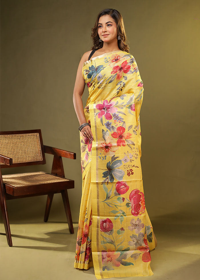 Yellow Handloom Tussar Pure Silk Saree With Blouse Piece