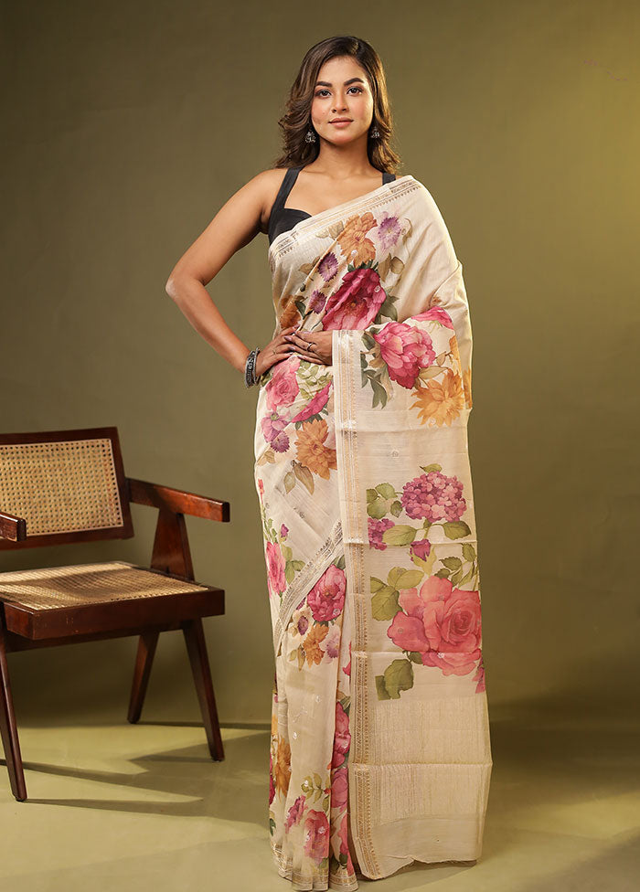 Cream Handloom Tussar Pure Silk Saree With Blouse Piece