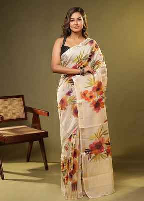 Cream Handloom Tussar Pure Silk Saree With Blouse Piece