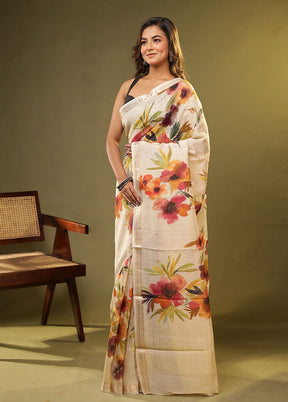 Cream Handloom Tussar Pure Silk Saree With Blouse Piece