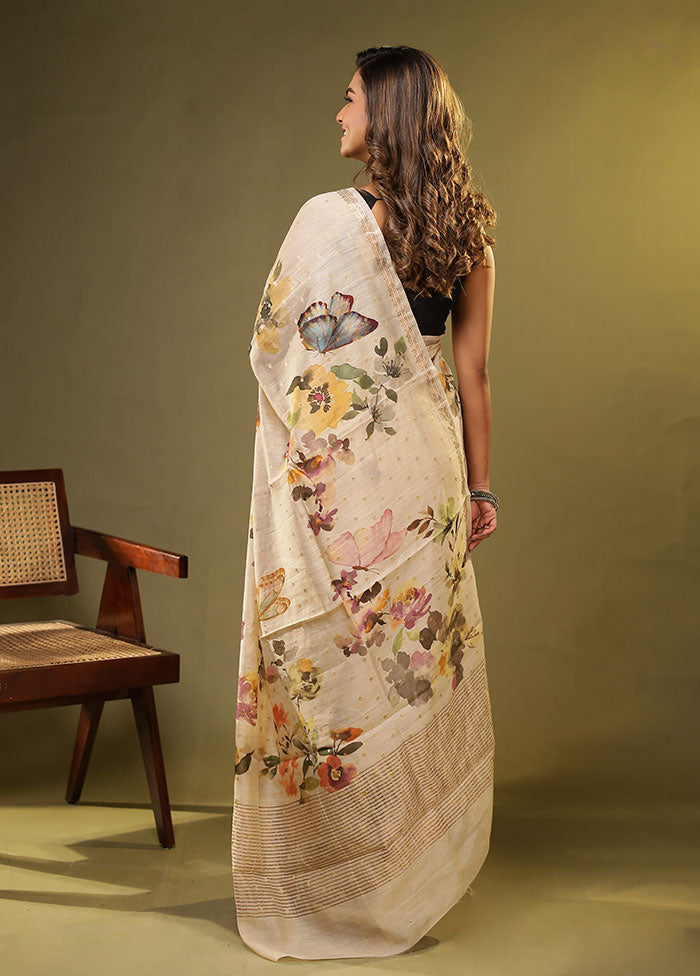 Cream Handloom Tussar Pure Silk Saree With Blouse Piece