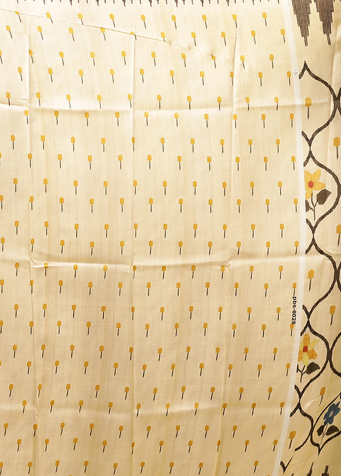 Cream Printed Pure Silk Saree Without Blouse Piece