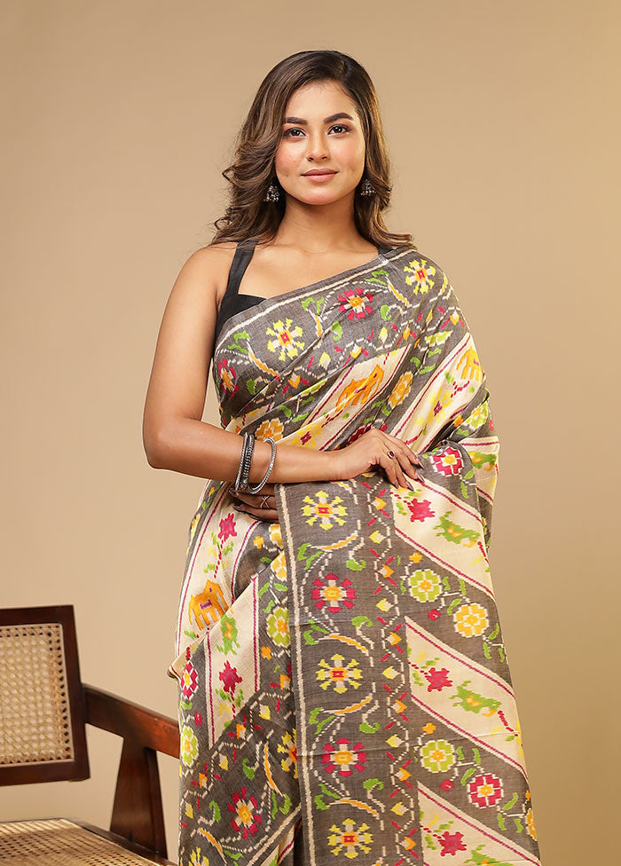 Cream Printed Pure Silk Saree Without Blouse Piece