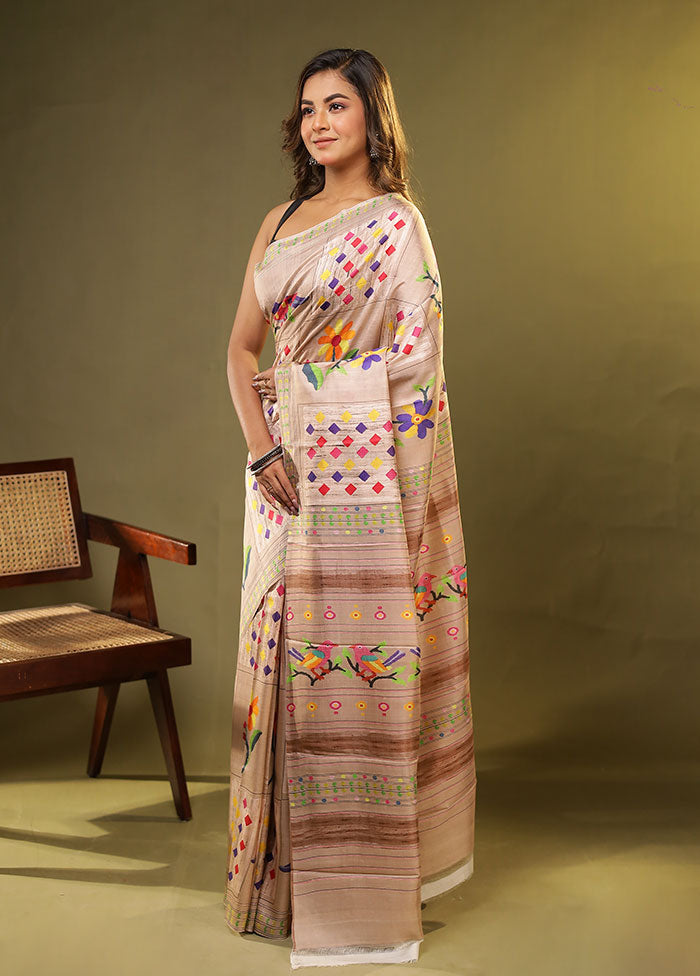 Purple Printed Pure Silk Saree Without Blouse Piece