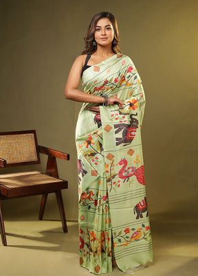 Green Printed Pure Silk Saree Without Blouse Piece