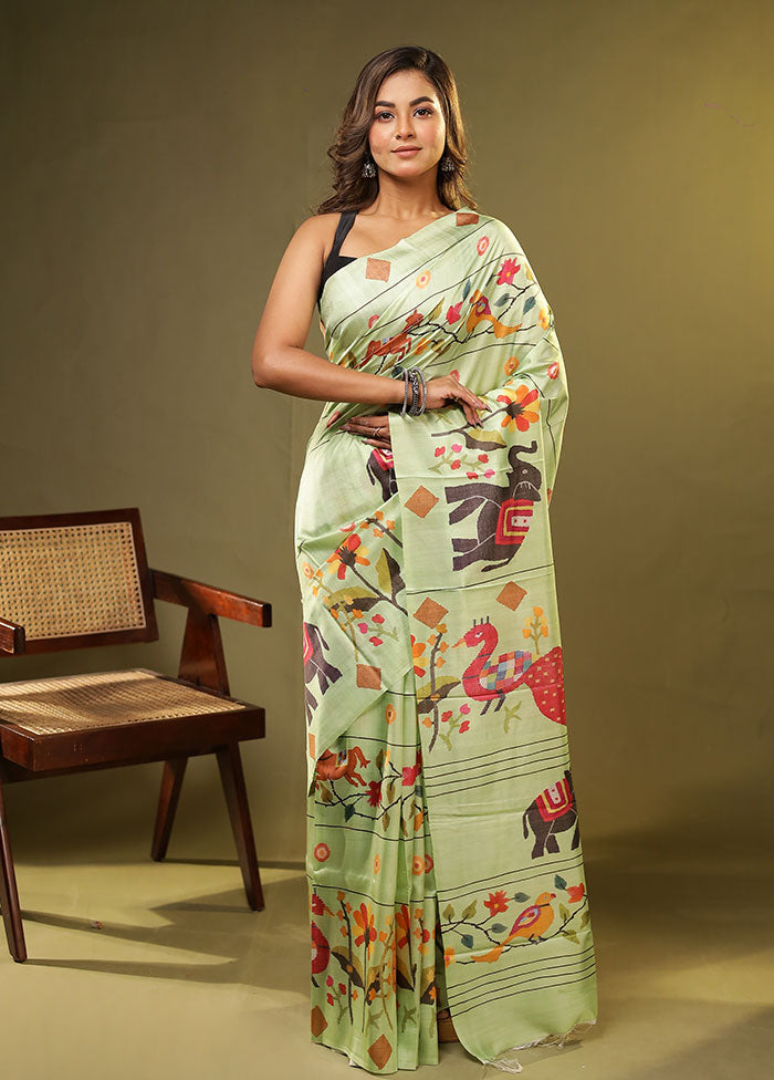 Green Printed Pure Silk Saree Without Blouse Piece