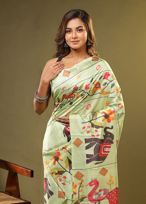 Green Printed Pure Silk Saree Without Blouse Piece