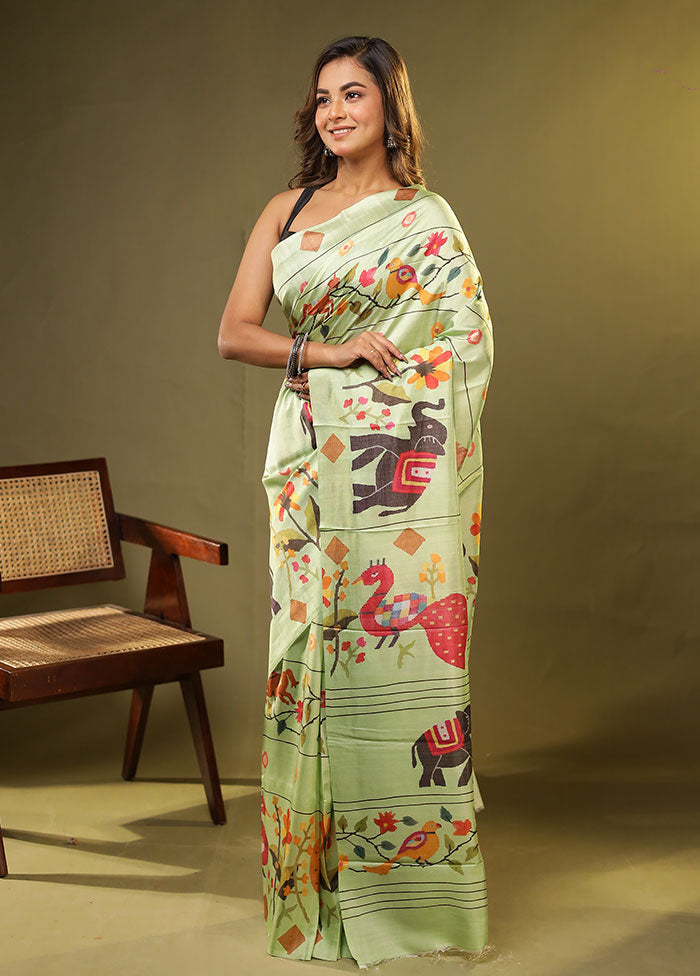 Green Printed Pure Silk Saree Without Blouse Piece