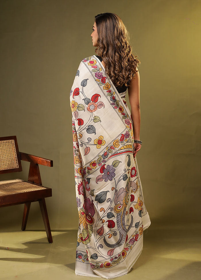 Cream Printed Pure Silk Saree Without Blouse Piece