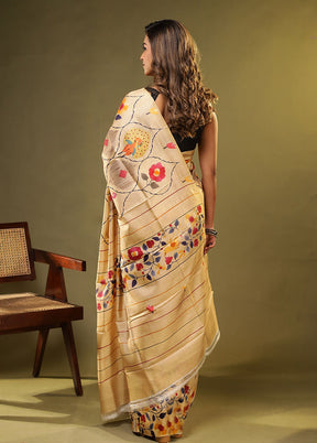 Cream Printed Pure Silk Saree Without Blouse Piece