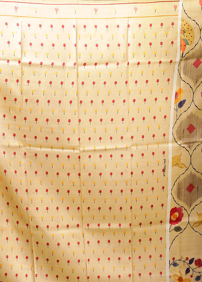 Cream Printed Pure Silk Saree Without Blouse Piece