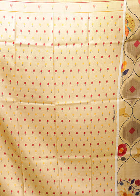 Cream Printed Pure Silk Saree Without Blouse Piece