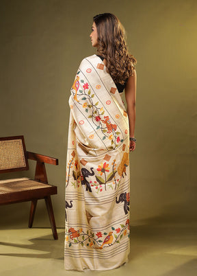 Cream Printed Pure Silk Saree Without Blouse Piece