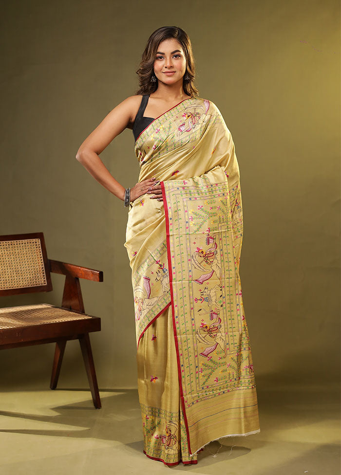 Cream Printed Pure Silk Saree Without Blouse Piece