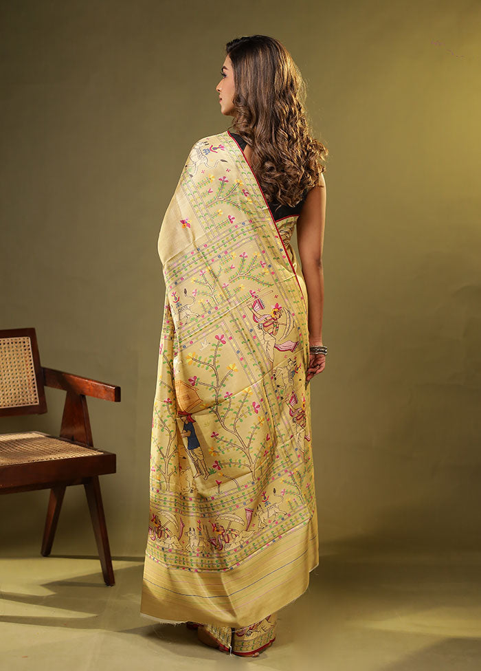Cream Printed Pure Silk Saree Without Blouse Piece