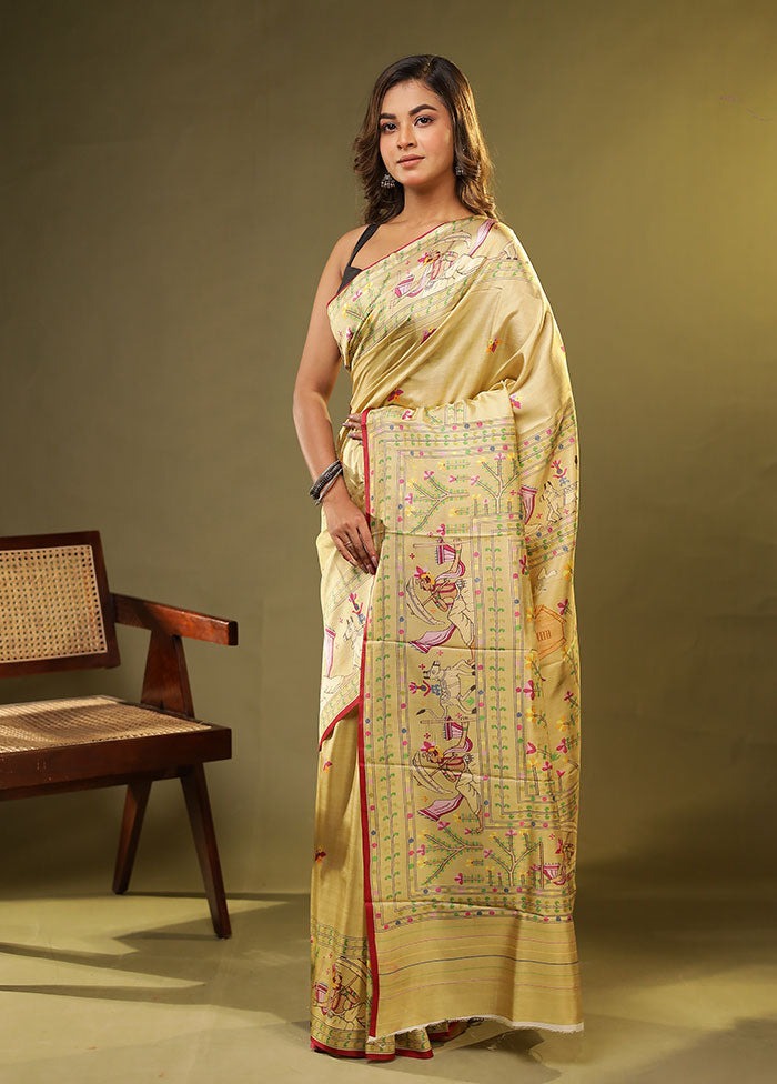 Cream Printed Pure Silk Saree Without Blouse Piece