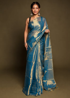 Blue Tissue Silk Saree With Blouse Piece