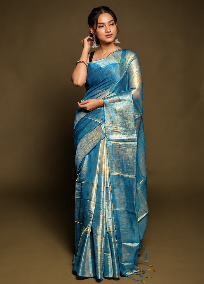 Blue Tissue Silk Saree With Blouse Piece