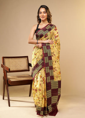 Cream Printed Pure Silk Saree Without Blouse Piece