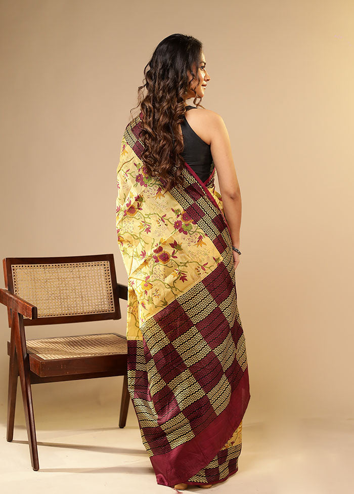 Cream Printed Pure Silk Saree Without Blouse Piece