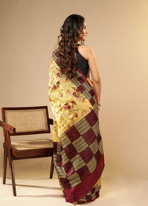Cream Printed Pure Silk Saree Without Blouse Piece