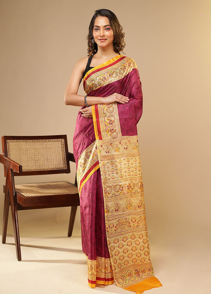 Purple Printed Pure Silk Saree Without Blouse Piece