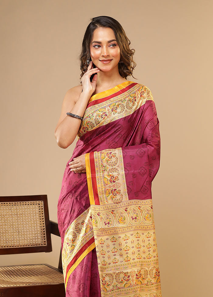 Purple Printed Pure Silk Saree Without Blouse Piece