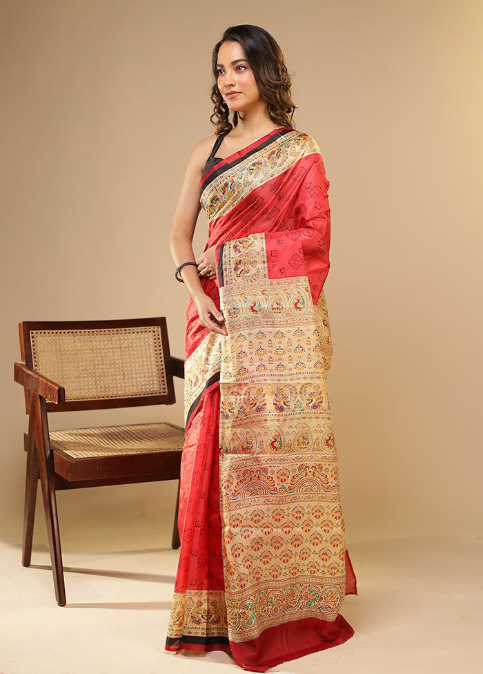 Pink Printed Pure Silk Saree Without Blouse Piece