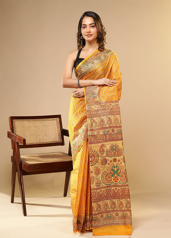 Yellow Printed Pure Silk Saree Without Blouse Piece