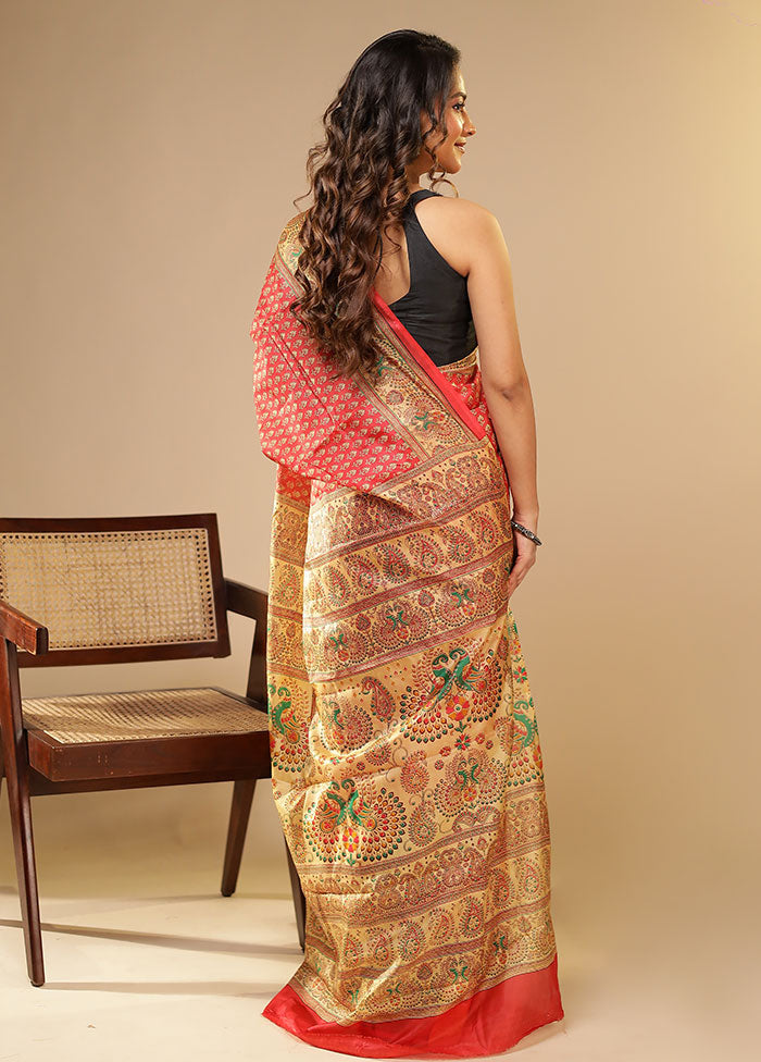 Red Printed Pure Silk Saree Without Blouse Piece
