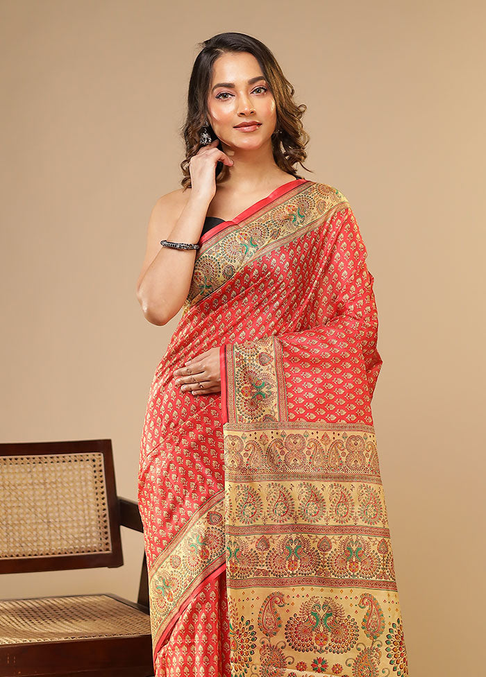 Ashirwad Duo – Red Printed Silk & Cream Tussar Sarees