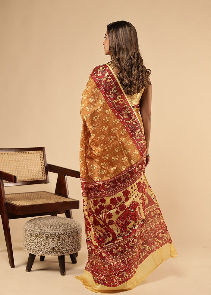 Cream Printed Pure Silk Saree With Blouse Piece