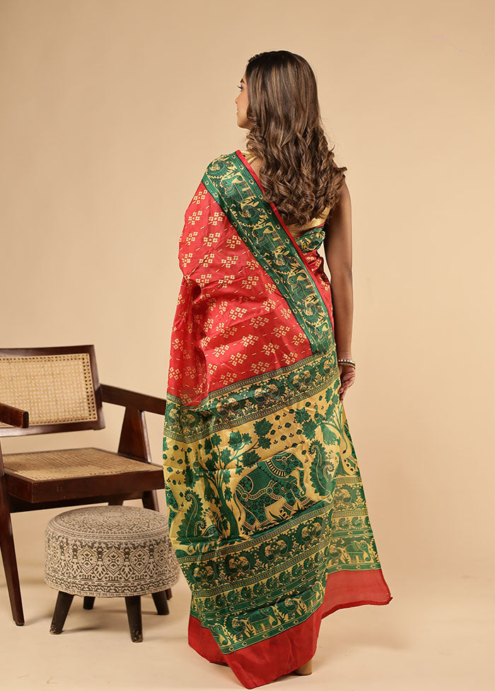 Red Printed Pure Silk Saree With Blouse Piece