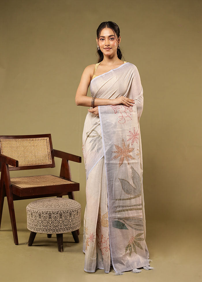 Cream Linen Silk Saree With Blouse Piece