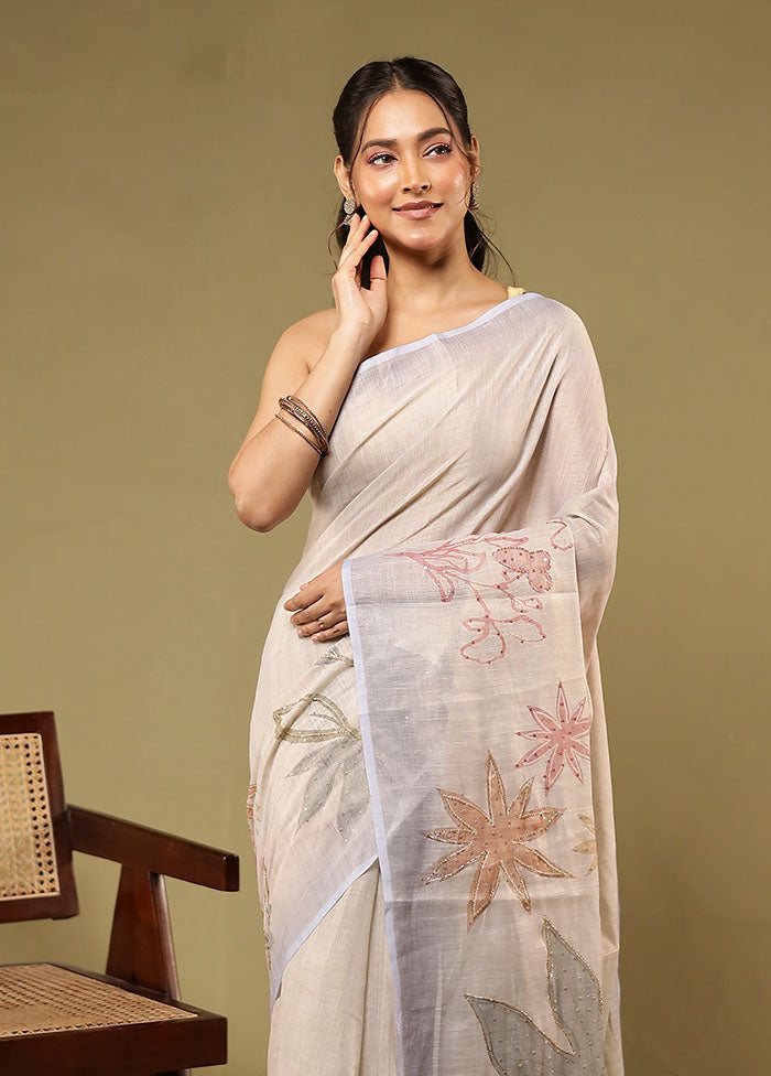 Cream Linen Silk Saree With Blouse Piece