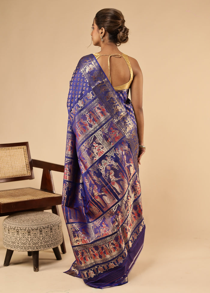 Blue Handloom Baluchari Pure Silk Saree With Blouse Piece