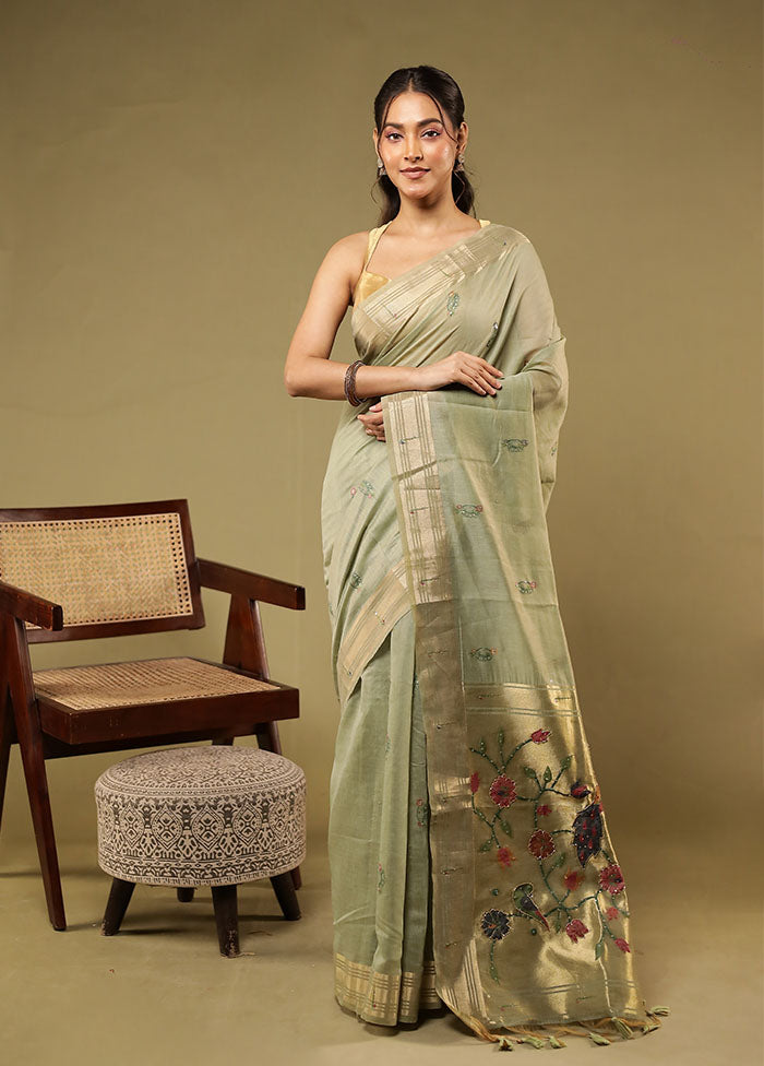 Green Linen Silk Saree With Blouse Piece