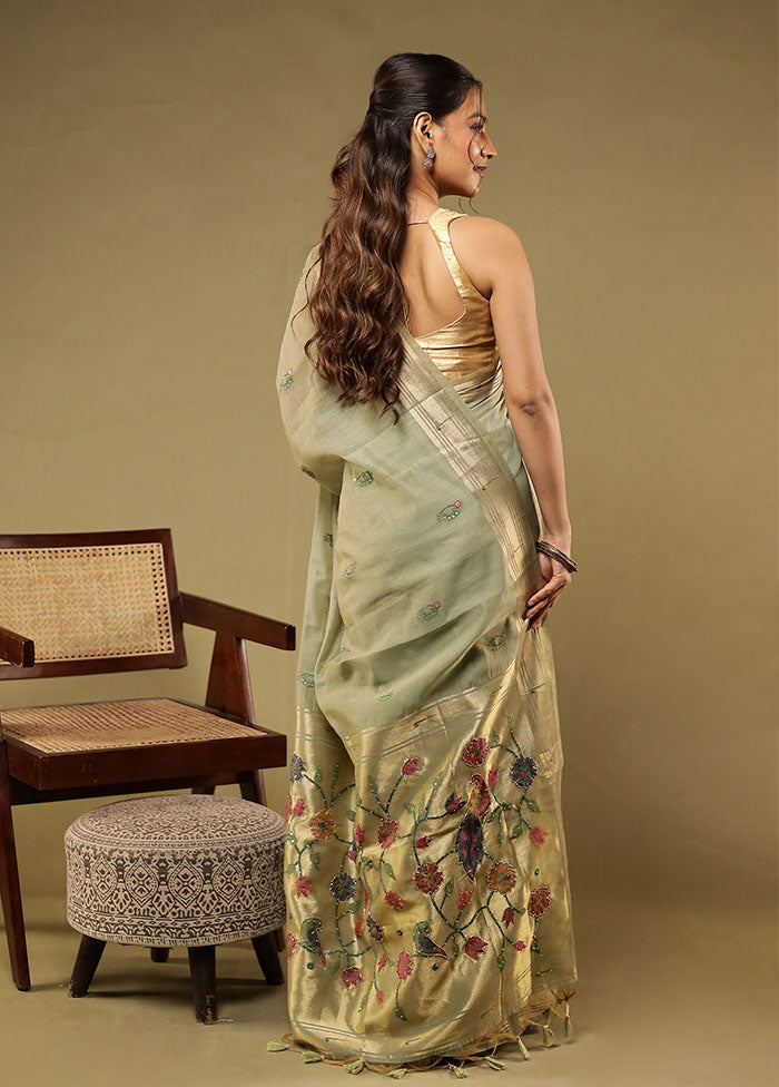 Green Linen Silk Saree With Blouse Piece