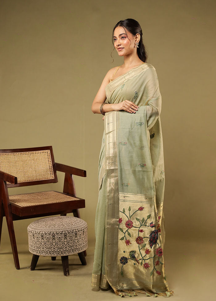 Green Linen Silk Saree With Blouse Piece