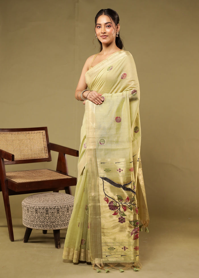 Green Linen Silk Saree With Blouse Piece