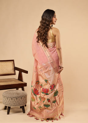 Pink Linen Silk Saree With Blouse Piece