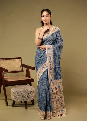 Blue Linen Silk Saree With Blouse Piece