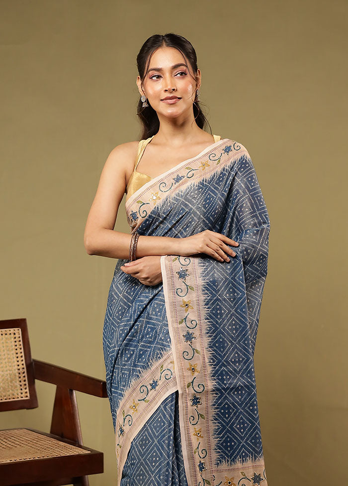 Blue Linen Silk Saree With Blouse Piece
