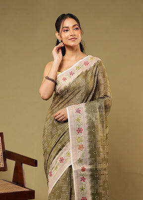 Green Linen Silk Saree With Blouse Piece
