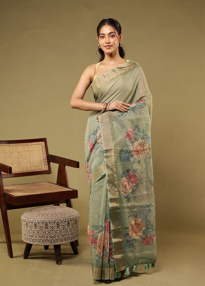Green Linen Silk Saree With Blouse Piece